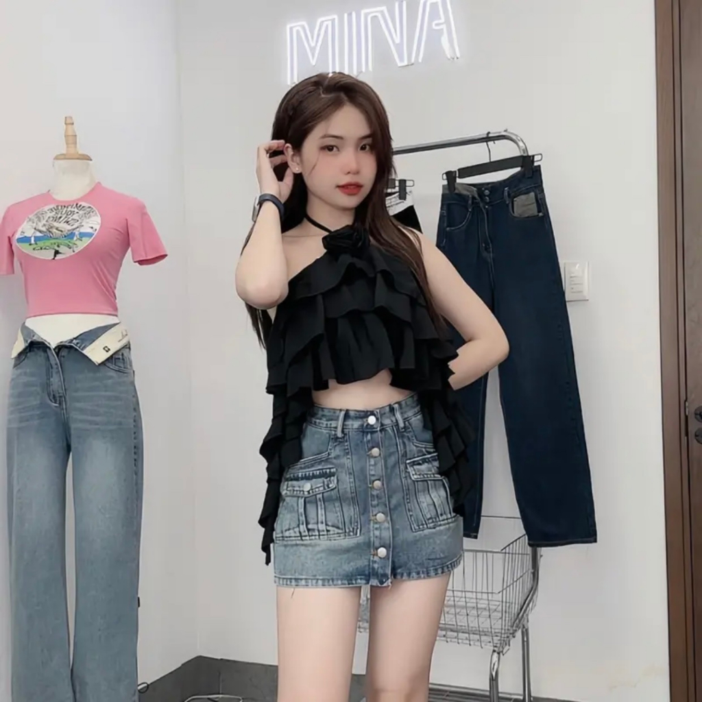 Chân Váy Jeans Kèm Lót Trong Phối Túi Hộp 5 Cúc Chất Q.C