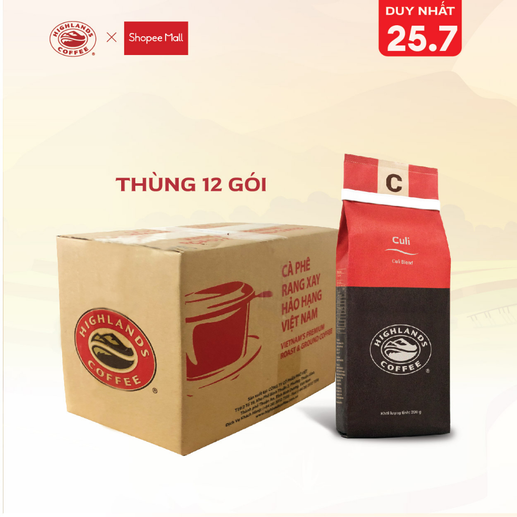 Thùng 12 gói Cà phê rang xay Culi Highlands Coffee 200g
