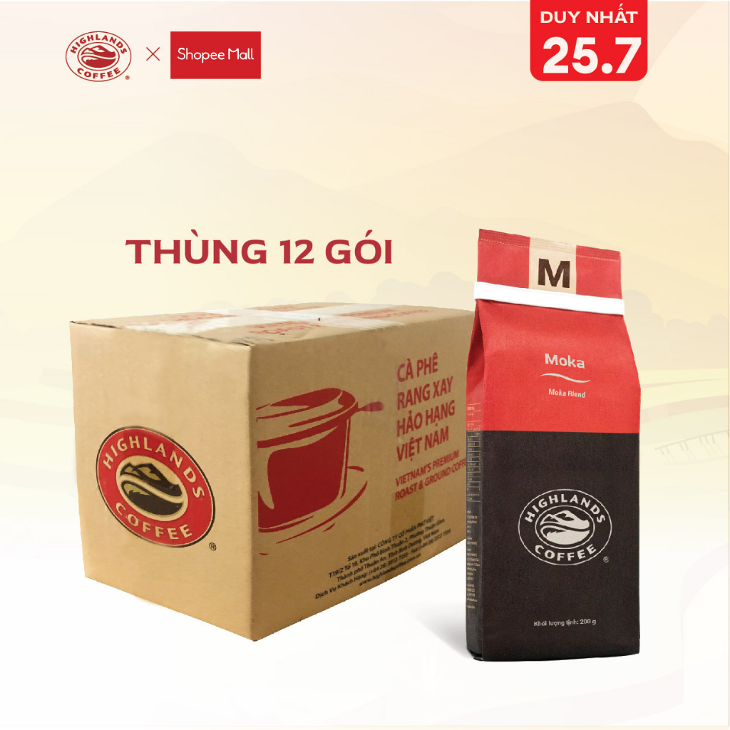 Thùng 12 gói Cà phê rang xay Moka Highlands Coffee 200g