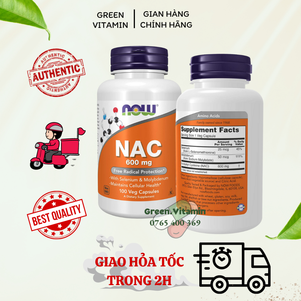 NAC Now Foods N-Acetyl Cysteine 600mg - Viên uống giải độc gan, chống oxy hóa và tăng cường miễn dịch 100 viên