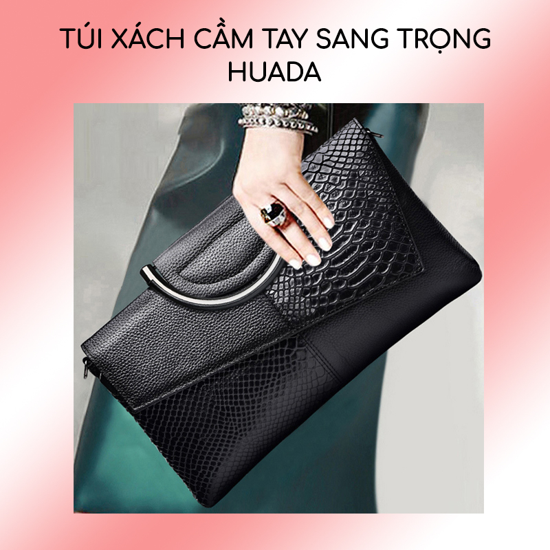 Samdo: Clutch nữ da thật cao cấp - Ví bóp cầm tay da bò chính hãng Huada - dập vân sang trọng, đi choi dự tiệc HAD155