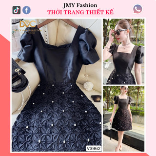 V3962 Váy đen tafta cổ vuông dáng A sang chảnh váy đầm đen hoa nổi đính ngọc