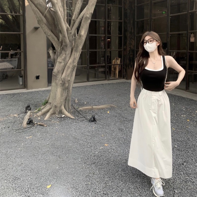 Set Áo Zip Phối Len Tăm 3 Lỗ Mix Chân Váy Kaki Trắng Dáng Dài Hàng 2 Lớp Có Ảnh Thật