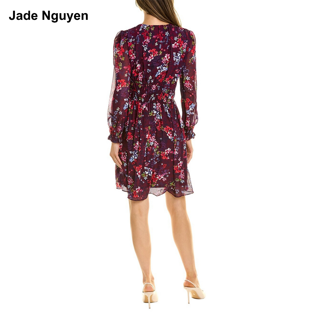 Đầm midi dài tay cổ chữ v vải voan hoa màu tím N35