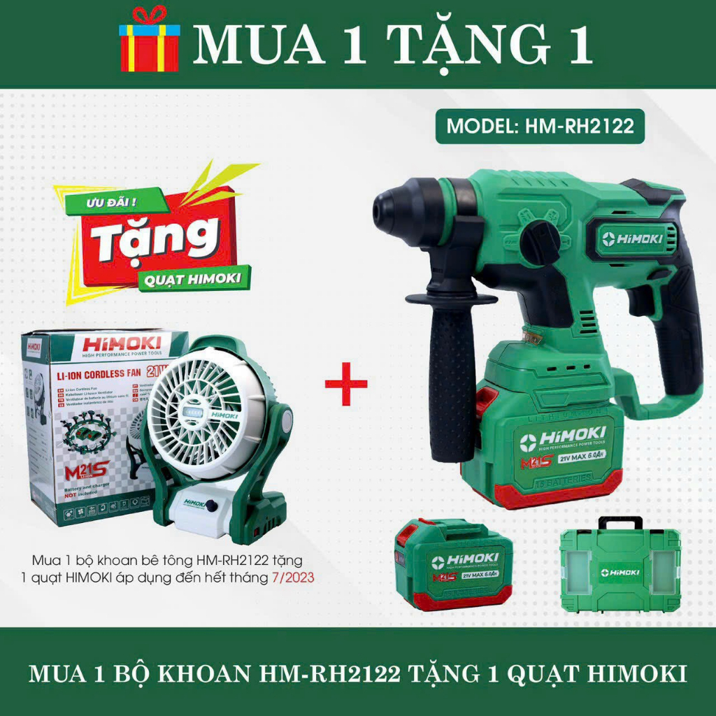 Khoan bê tông Workfix- HM-RH2603 Không chổi than - Tặng kèm Quạt Himoki chung chân pin phổ thông cao