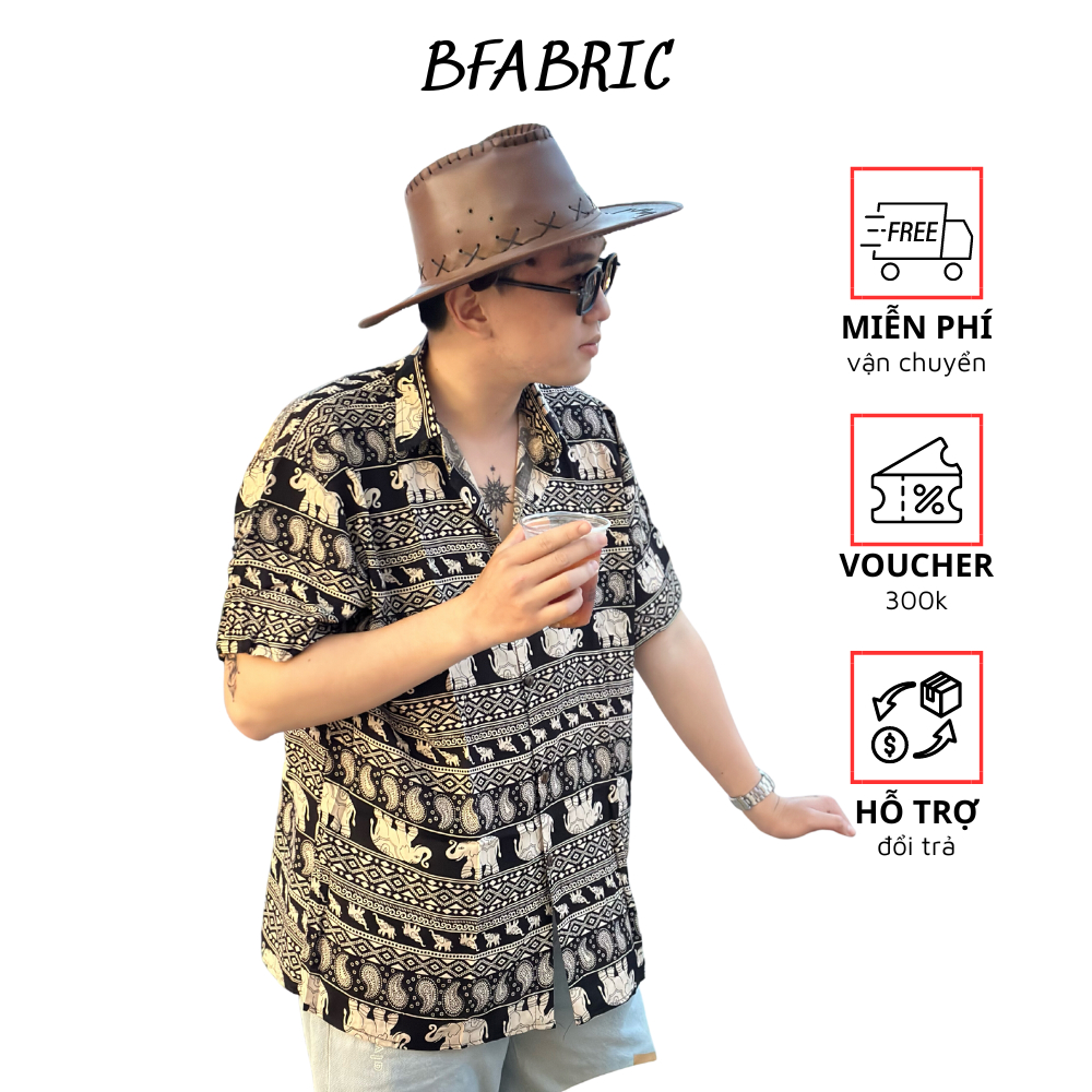Áo sơ mi nam BFABRIC vải lanh thái, thoáng mát, thấm hút, không nhăn, Sơ mi họa tiết voi thổ cẩm