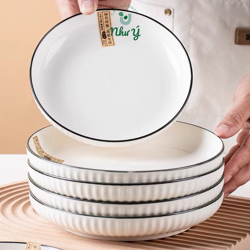 SET 8 đĩa sứ trắng viền đen Bắc Âu phong cách mới, đĩa sứ sâu lòng thiết kế vân dọc tráng men mịn decor bàn ăn
