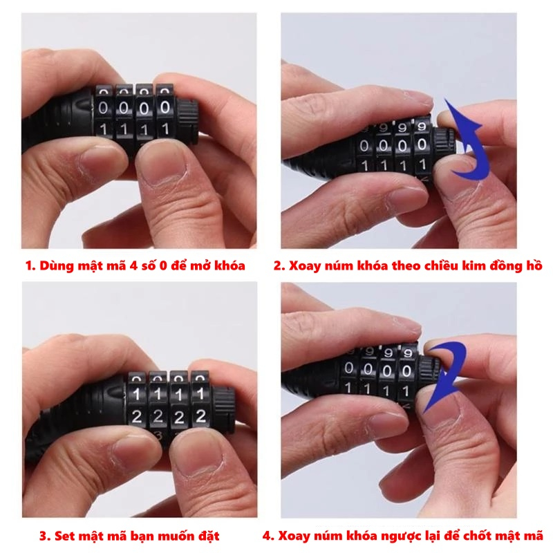 Khóa Dây Xe Đạp 4 Số Lõi Thép Đường Kính 12mm Chống Trộm Siêu Bền Dài 40cm