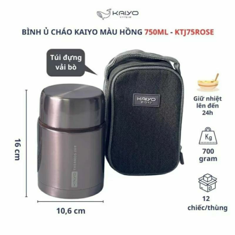 BÌNH Ủ cháo kaiyo hãng Nhật Bản - inox 304. giữ nhiệt lên đến 24h. Tặng kèm túi xách