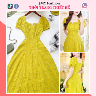 V3938 Váy vàng dự tiệc tiểu thư [Dolce Viva Colection (DVC)] váy đầm cổ vuông tay bồng thiết kế sang chảnh
