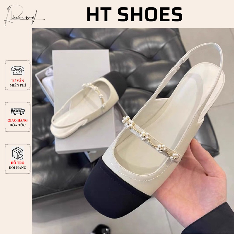 (Sẵn)Giày sandal búp bê Cnk đế bằng 2cm hở gót mũi tròn phối dải dây hoa phong cách dịu dàng hàng Fullbox mới 2023 G07