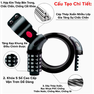 Khóa Xe Đạp Dây Lõi Thép 5 Số Dài 120cm – Chọn Màu – Bộ Khóa Xe Máy Thông Minh Chống Trộm Cao Cấp Chính Hãng Dododios