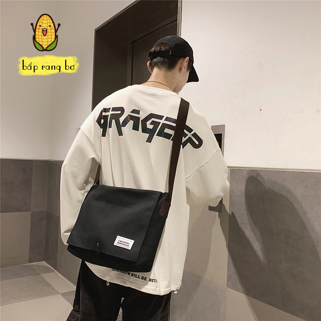Túi tote đeo chéo vải canvas có nắp đậy canvasbag khóa kéo miệng túi phong cách ulzzang unisex đựng sách a4 đi học