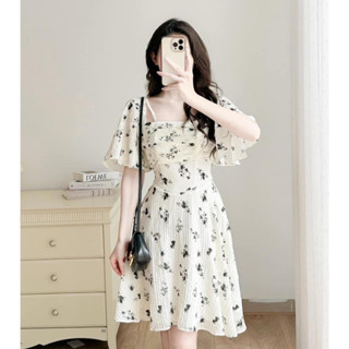 Đầm Váy BẢO KHÁNH SHOP đầm cổ U hoa nhí tay bồng dáng xòe ngắn thắt nơ sau xếp ly ngực vải đũi mềm mát 2 lớp 225