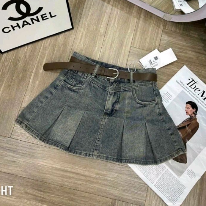 Chân váy jeans xếp ly kèm đai hàng QCL1