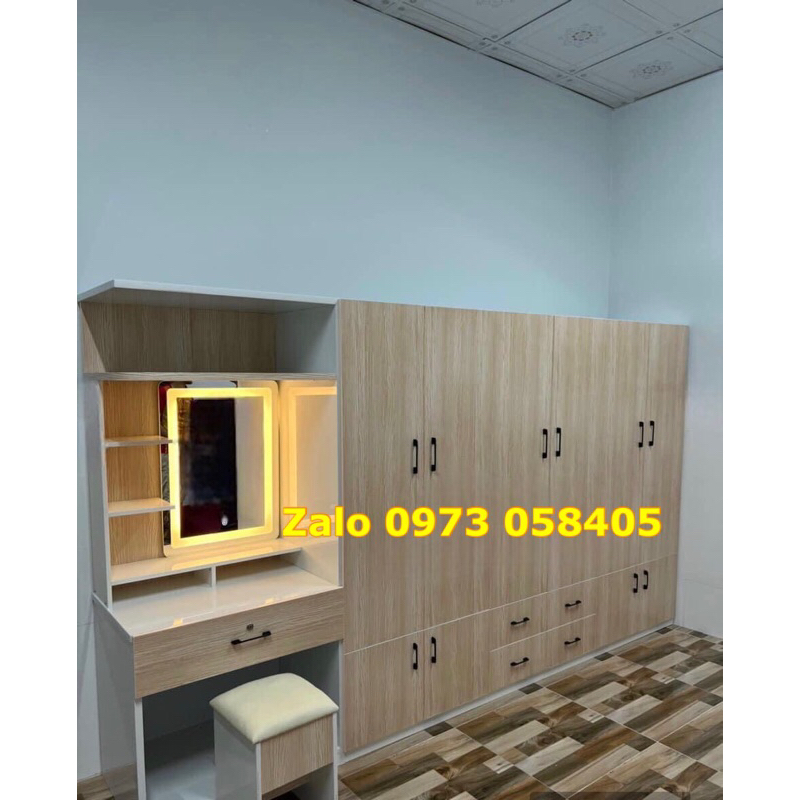 Tủ quần áo kèm bàn trang điểm led cảm ứng(245x180x48)nhựa đài loan,lót lõi gỗ bản lề.