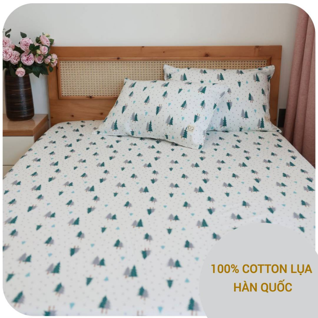 CHĂN GA COTTON LỤA HÀN hoạ tiết cây thông giáng sinh