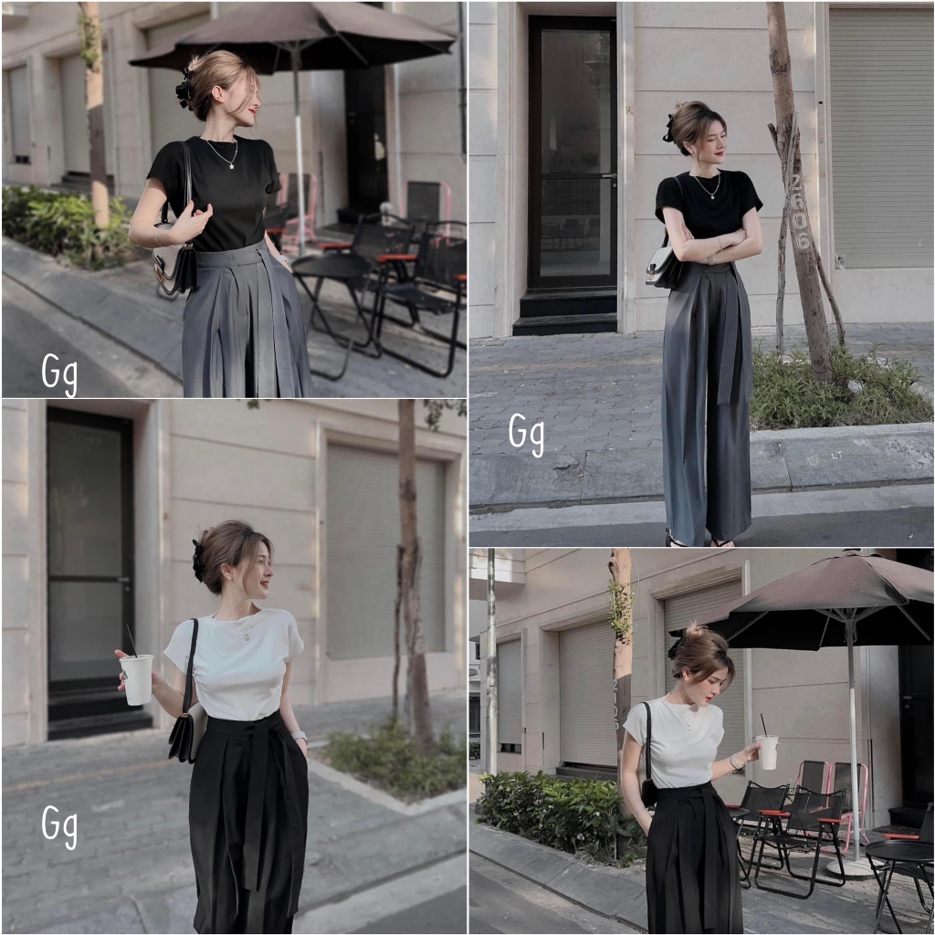 Set bộ nữ áo thun kiểu cổ tròn tay ngắn sang trọng kèm quần tây suông dài điểm nhấn phần eo sang trọng thanh lịch
