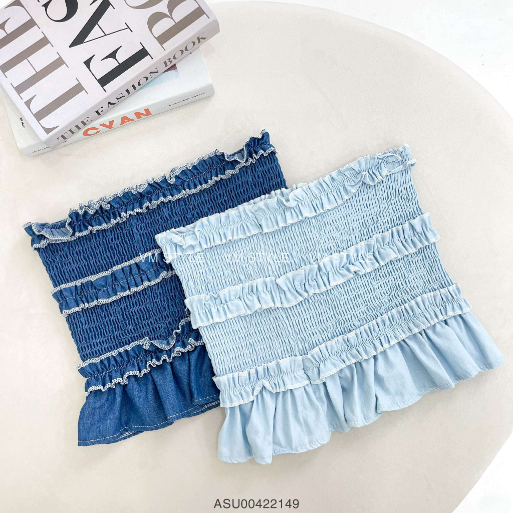 Áo ống jean denim nữ VMSTYLE croptop bèo nhún thân nhiều tầng cá tính 7186 - ASU00422