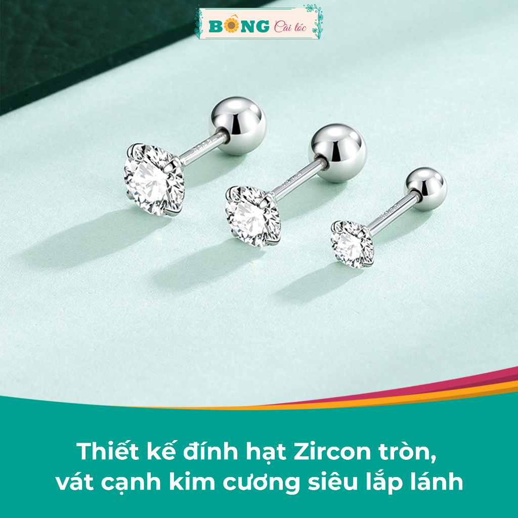 Bông tai unisex nụ đá Zircon thép y tế 316L không gỉ chốt bi vặn phong cách Hàn Quốc BT90 - khuyên tai BÔNG Cài Tóc