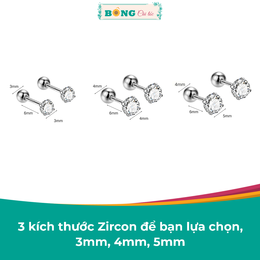 Bông tai unisex nụ đá Zircon thép y tế 316L không gỉ chốt bi vặn phong cách Hàn Quốc BT90 - khuyên tai BÔNG Cài Tóc