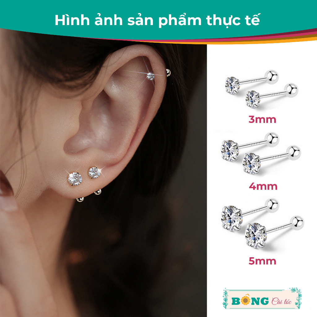 Bông tai unisex nụ đá Zircon thép y tế 316L không gỉ chốt bi vặn phong cách Hàn Quốc BT90 - khuyên tai BÔNG Cài Tóc