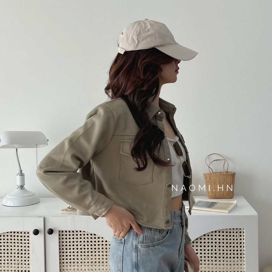 Áo khoác da lộn croptop cúc bấm from cứng cáp siêu trendy. Khoác da nữ dài tay dáng ngắn thu đông nhiều màu hothit