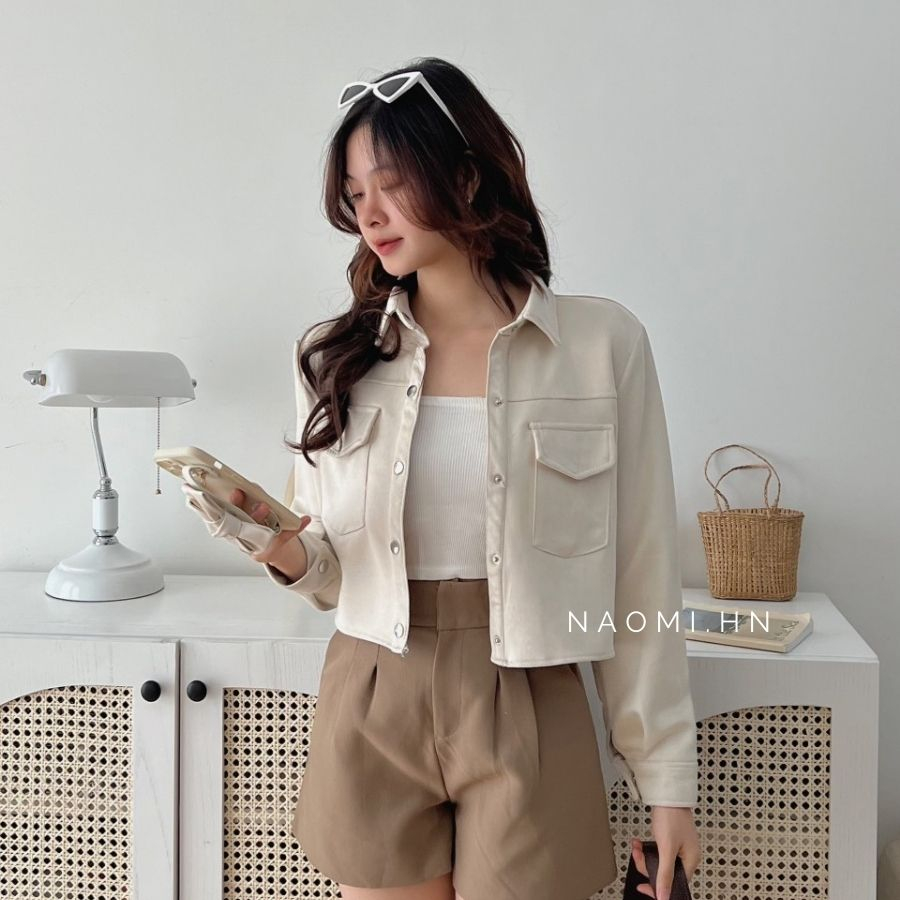 Áo khoác da lộn croptop cúc bấm from cứng cáp siêu trendy. Khoác da nữ dài tay dáng ngắn thu đông nhiều màu hothit