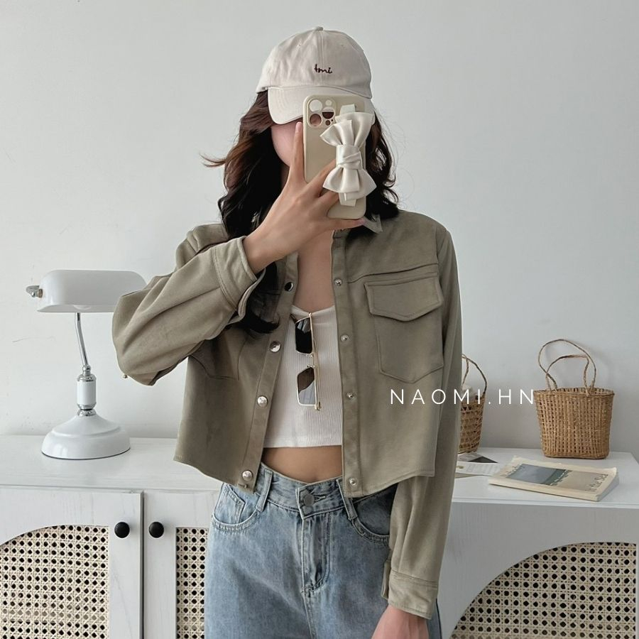 Áo khoác da lộn croptop cúc bấm from cứng cáp siêu trendy. Khoác da nữ dài tay dáng ngắn thu đông nhiều màu hothit