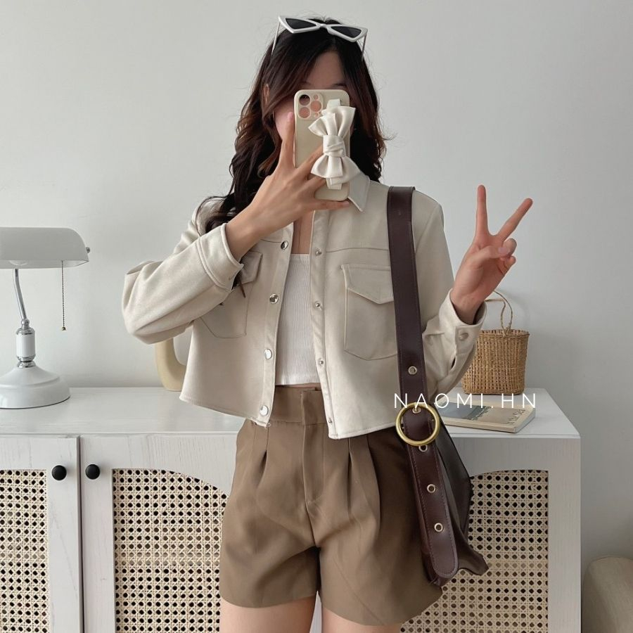 Áo khoác da lộn croptop cúc bấm from cứng cáp siêu trendy. Khoác da nữ dài tay dáng ngắn thu đông nhiều màu hothit