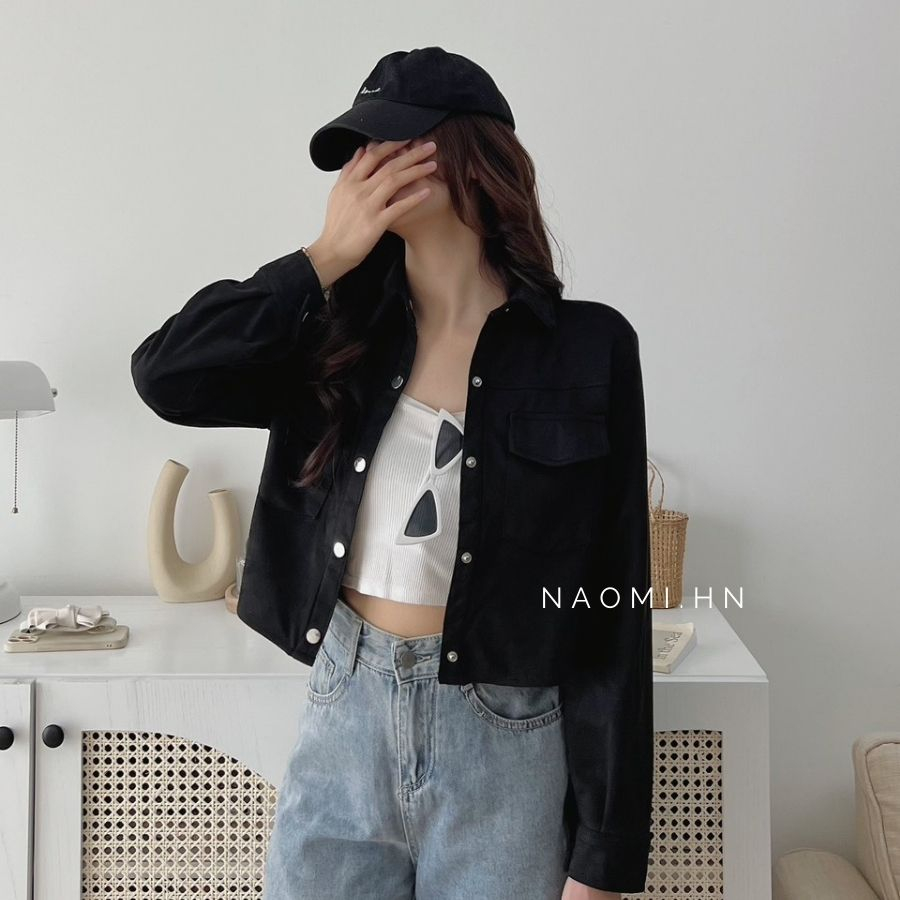 Áo khoác da lộn croptop cúc bấm from cứng cáp siêu trendy. Khoác da nữ dài tay dáng ngắn thu đông nhiều màu hothit