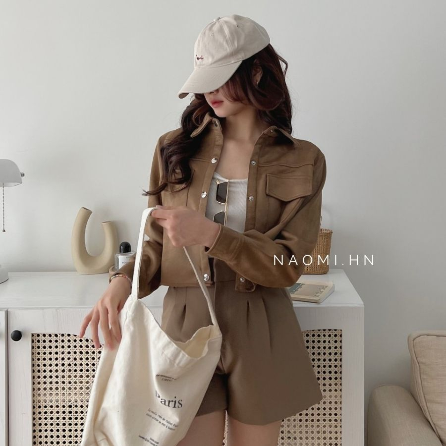 Áo khoác da lộn croptop cúc bấm from cứng cáp siêu trendy. Khoác da nữ dài tay dáng ngắn thu đông nhiều màu hothit