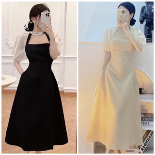 Đầm midi váy dự tiệc phối trắng khoéc sau 2 màu