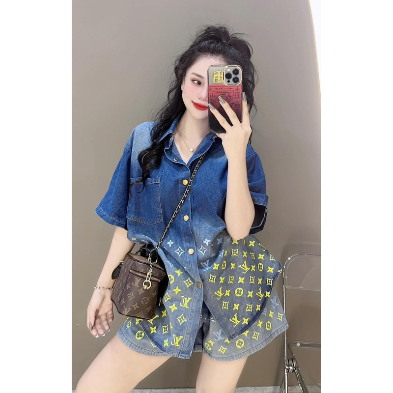 Set Bộ Sơ Mi Jeans Loang Pha Hoạ Tiết Chữ L V Mix Quần Sooc