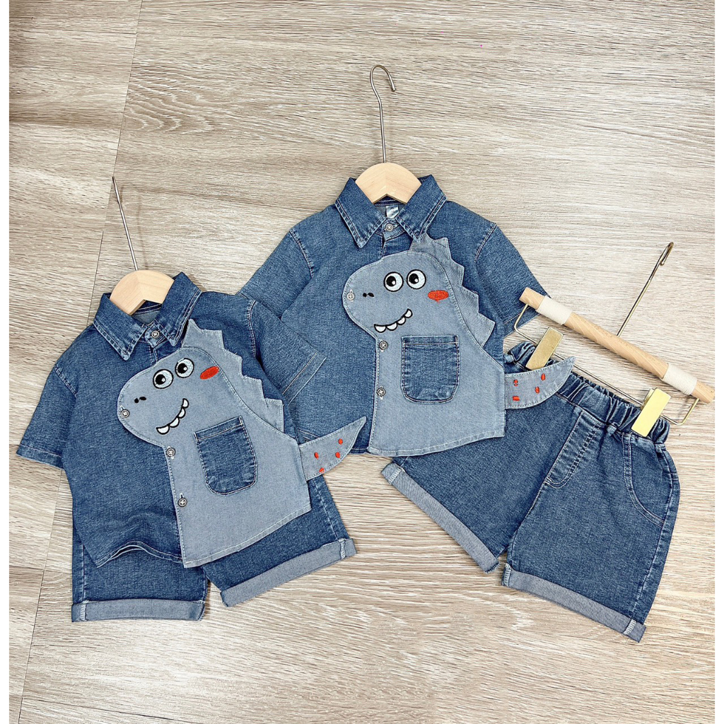 Bộ jean khủng long 3D xanh cho bé trai 8-26kg,quần áo bé trai