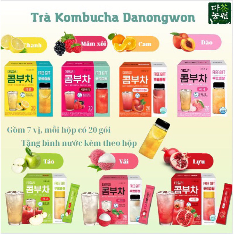 [Tặng Bình] Trà Kombucha Danongwon nhập khẩu Hàn Quốc vị trái cây hộp 20 gói tặng bình