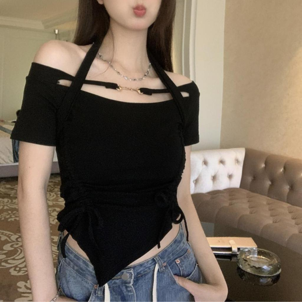 Áo thun nữ thiết kế trễ vai tay ngắn phối dây rút vạt áo nhọn độc đáo thời trang dành cho giới trẻ Nquin Store