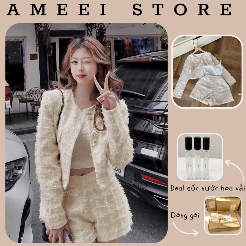SET CROP DẠ LÔNG VŨ KÈM ÁO CROP TRONG + SHORT KEM sang chảnh