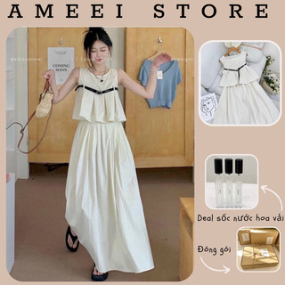 Set áo peplum xếp li mix chân váy midi dài kèm belt
