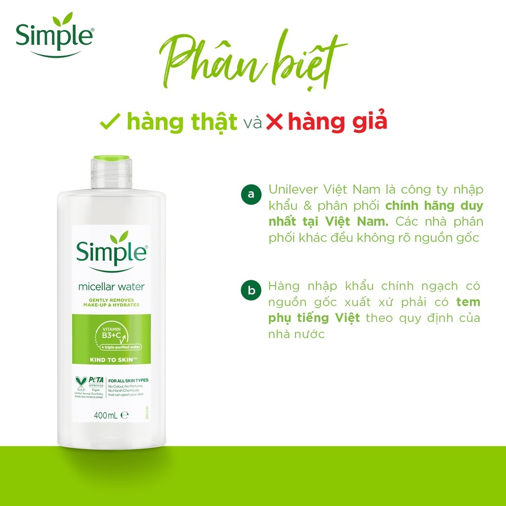 Nước Tẩy Trang Simple Làm Sạch Trang Điểm Vượt Trội 200ml Kind To Skin Micellar Cleansing Water