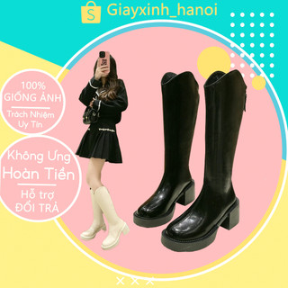 Bốt nữ chất da mềm pu đế vuông cao 5p, bốt đùi cao bồi nữ khoá kéo sau thời trang phong cách cá tính