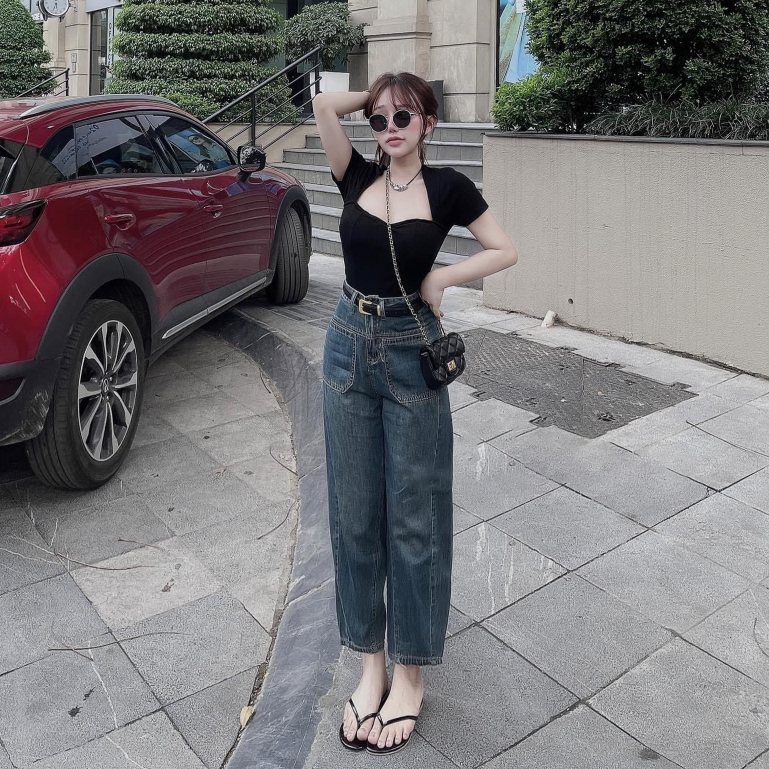 Quần Jean Baggy Dáng Rộng Phối Túi, Vạt Chéo - Quần Bò Baggy Lưng Cao Hàng Cao Cấp Amor Clothing