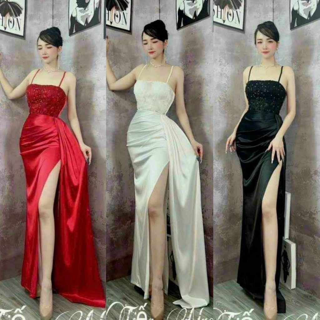 Đầm Nữ 2 dây xẻ tà thiết kế phi lụa phối ren sang trọng quyến rũ