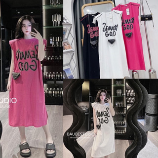 Đầm suông sat nách dáng dài chất cotton dày dặn hoạ tiết chữ GOD ba màu thời trang