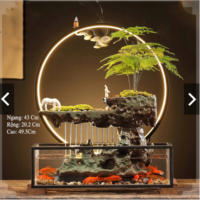 Thác nước Hồ Cá phong thủy size 49cm , thác khói trầm hương có đài phun nước tự động kèm đèn LED cao cấp để bàn