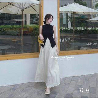 Set áo thun đen mix chân váy xuông dài chuẩn Chang Moon