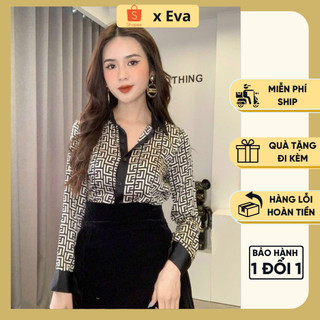 Áo sơ mi nữ lụa dài tay họa tiết kẻ phối viền tay, sơ mi họa tiết nữ thiết kế cao cấp