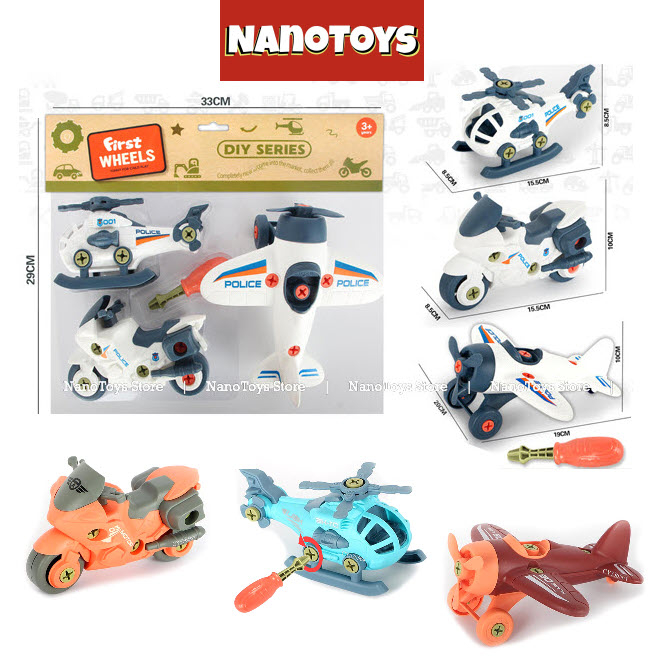 Đồ chơi xe Cảnh sát lắp ráp - bộ 4 xe kèm tua vít - NANOTOYS STORE