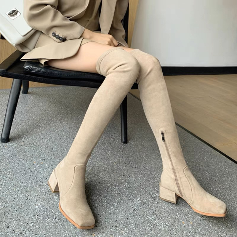 Bốt đùi nữ da lộn ôm chân lót lông gót vuông cao 5cm có khoá kéo