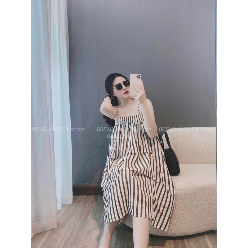 Đầm hai dây chun ngực kẻ sọc dáng suông dễ mặc nhún váy cách điệu đi biển sang chảnh